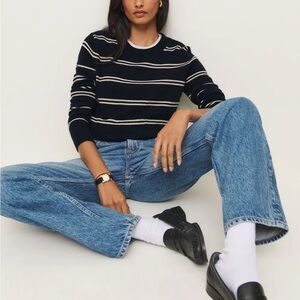 Reformation Dana Cashmere Crew in Navy Parmesan Stripe